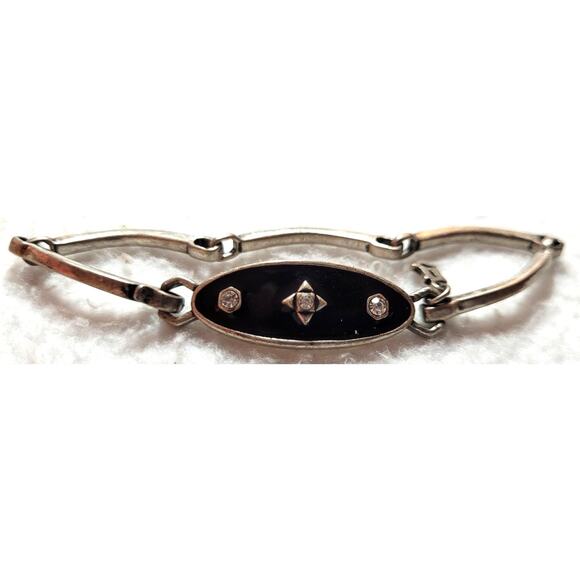 Art Deco Inspired Black Silvertone Signed G Bracelet Enamel Rhinestone Retro Y2K - Picture 3 of 5